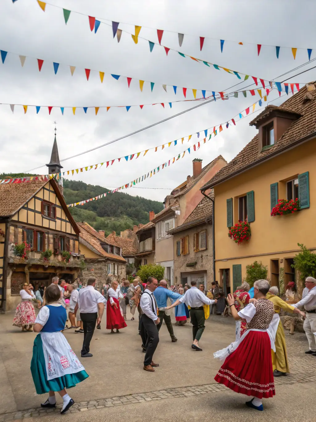 A photograph showing participants at a cultural heritage festival, celebrating local traditions, music, and cuisine of Aquitaine.