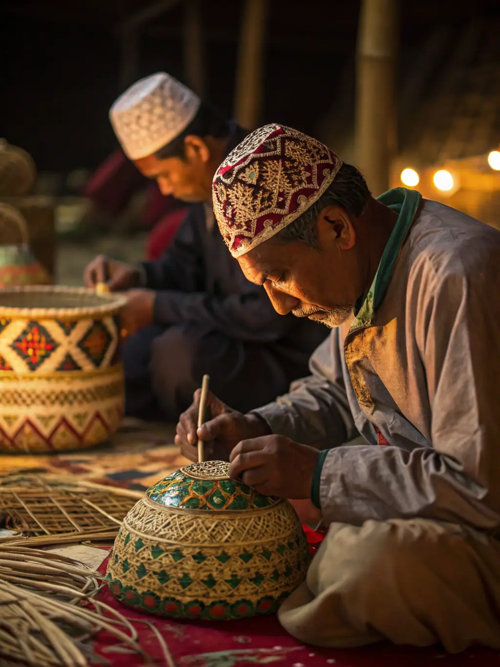 A photograph depicting a group of artisans engaged in a traditional craft workshop, showcasing the transmission of skills related to Aquitaine's heritage.