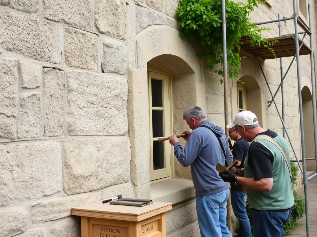 A group of volunteers cleaning and restoring an old historical building in a rural Aquitaine village, showcasing SAFATERAQ's commitment to preserving architectural heritage.