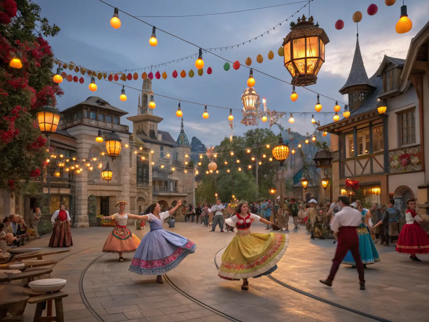 A lively outdoor festival with people enjoying local food and music.