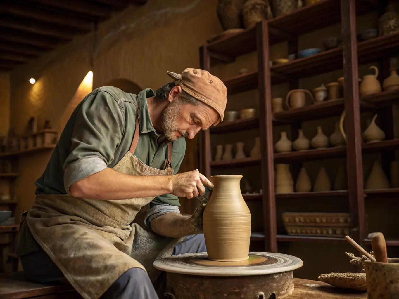 A group of artisans demonstrating traditional pottery techniques.