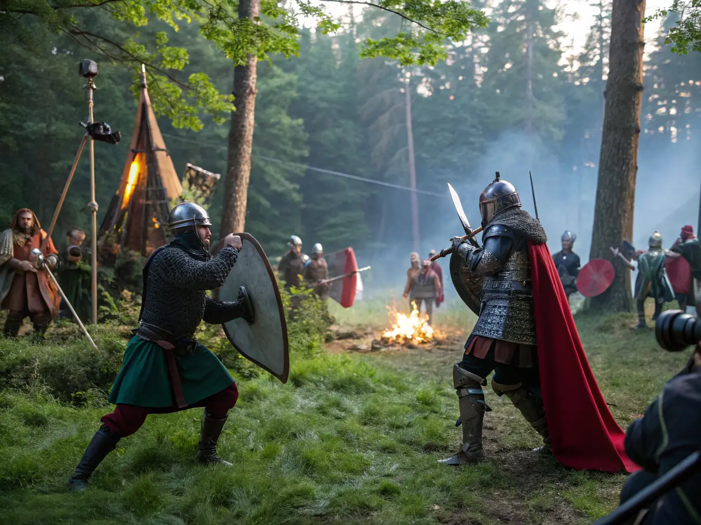 A historical reenactment of a medieval battle in a French village.