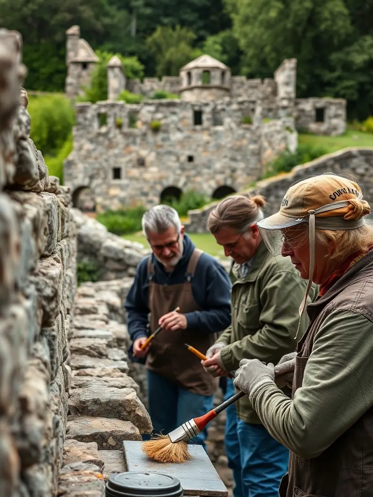 A photograph capturing volunteers working on the restoration of a historical building in Aquitaine, highlighting the hands-on efforts to preserve architectural heritage.